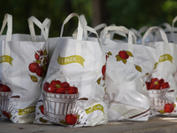 Bags of freshly picked apples are at an apple orchard in Stouffville, Ontario, Canada, on September 22, 2024. (