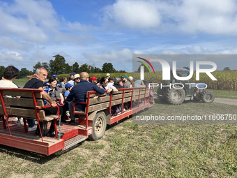 People take a tractor wagon ride to an apple orchard in Stouffville, Ontario, Canada, on September 22, 2024. (