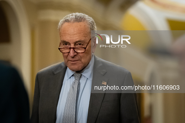 Senate Minority Leader Chuck Schumer (R-NY) and Senate Democrats hold their weekly press conference in Washington, DC, on September 24, 2024...