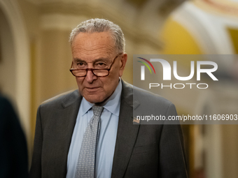 Senate Minority Leader Chuck Schumer (R-NY) and Senate Democrats hold their weekly press conference in Washington, DC, on September 24, 2024...