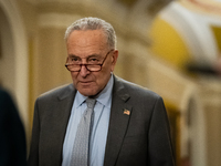 Senate Minority Leader Chuck Schumer (R-NY) and Senate Democrats hold their weekly press conference in Washington, DC, on September 24, 2024...