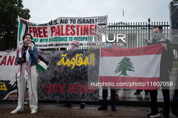 People demonstrate in front of the White House in support of Lebanon, following extensive air strikes by Israel, in Washington, DC, on Septe...