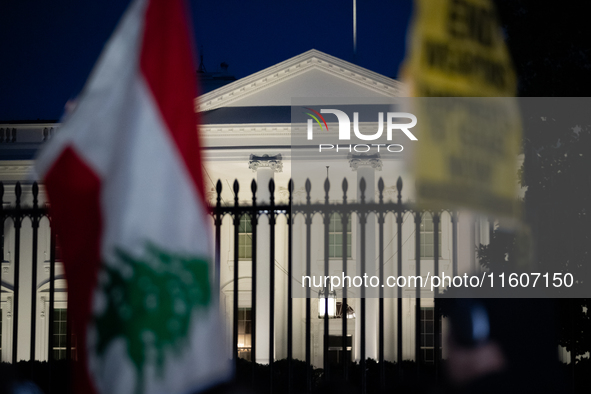 People demonstrate in front of the White House in support of Lebanon, following extensive air strikes by Israel, in Washington, DC, on Septe...