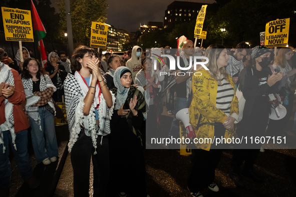 People demonstrate in front of the White House in support of Lebanon, following extensive air strikes by Israel, in Washington, DC, on Septe...