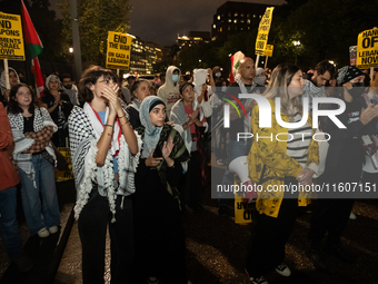 People demonstrate in front of the White House in support of Lebanon, following extensive air strikes by Israel, in Washington, DC, on Septe...