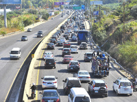 Lebanese people forced to flee their homes due to Israeli airstrikes migrate with what they can take with them to Saida, Lebanon, on Septemb...