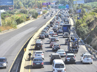 Lebanese people forced to flee their homes due to Israeli airstrikes migrate with what they can take with them to Saida, Lebanon, on Septemb...