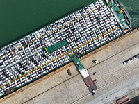 Roll-on wheels load export vehicles at the terminal of the Oriental Port Branch of Lianyungang Port in Lianyungang, China, on September 25,...