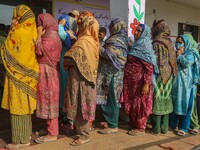 Women voters queue to cast their ballots at a polling station during the second phase of assembly elections in Srinagar, Jammu and Kashmir,...