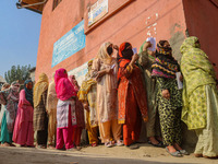 Women voters queue to cast their ballots at a polling station during the second phase of assembly elections in Srinagar, Jammu and Kashmir,...