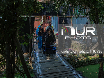 A handicapped woman arrives to cast her ballot at a polling station during the second phase of assembly elections in Srinagar, Jammu and Kas...