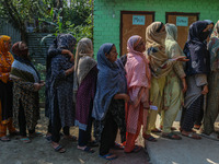 Women voters queue to cast their ballots at a polling station during the second phase of assembly elections in Srinagar, Jammu and Kashmir,...