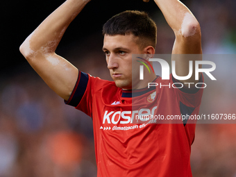 Abel Bretones of CA Osasuna takes a throw-in during the LaLiga EA Sports match between Valencia CF and CA Osasuna at Mestalla stadium in Val...