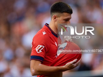 Abel Bretones of CA Osasuna holds the ball during the LaLiga EA Sports match between Valencia CF and CA Osasuna at Mestalla stadium in Valen...