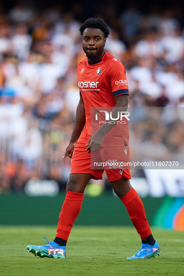 Boyomo of CA Osasuna looks on during the LaLiga EA Sports match between Valencia CF and CA Osasuna at Mestalla stadium in Valencia, Spain, o...