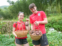 Middle school students from the United Kingdom dig sweet potatoes in Houwu village, Moganshan town, Deqing County, Huzhou city, East China's...