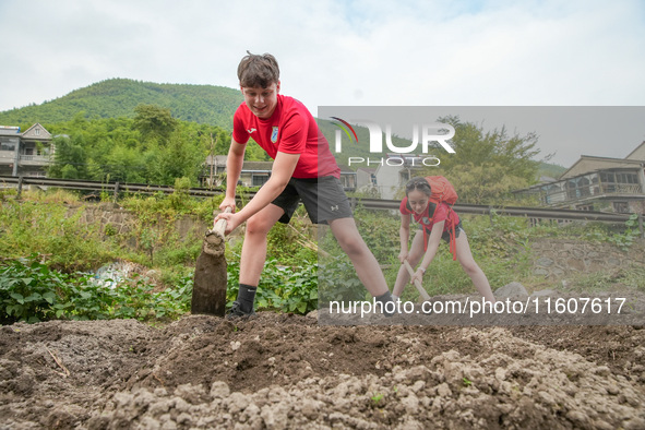 Middle school students from the United Kingdom experience farming in Houwu village, Moganshan town, Deqing County, Huzhou city, East China's...