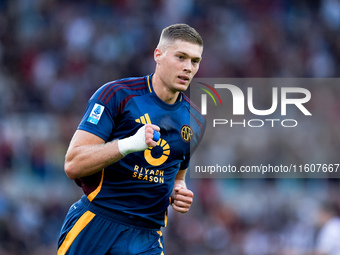 Artem Dovbyk of AS Roma celebrates after scoring first goal during the Serie A Enilive match between AS Roma and Udinese Calcio at Stadio Ol...