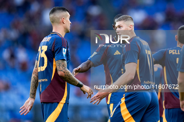 Artem Dovbyk of AS Roma celebrates after scoring first goal during the Serie A Enilive match between AS Roma and Udinese Calcio at Stadio Ol...