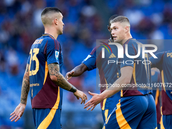 Artem Dovbyk of AS Roma celebrates after scoring first goal during the Serie A Enilive match between AS Roma and Udinese Calcio at Stadio Ol...