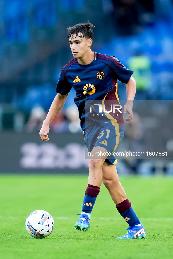 Niccolo' Pisilli of AS Roma during the Serie A Enilive match between AS Roma and Udinese Calcio at Stadio Olimpico on September 22, 2024 in...