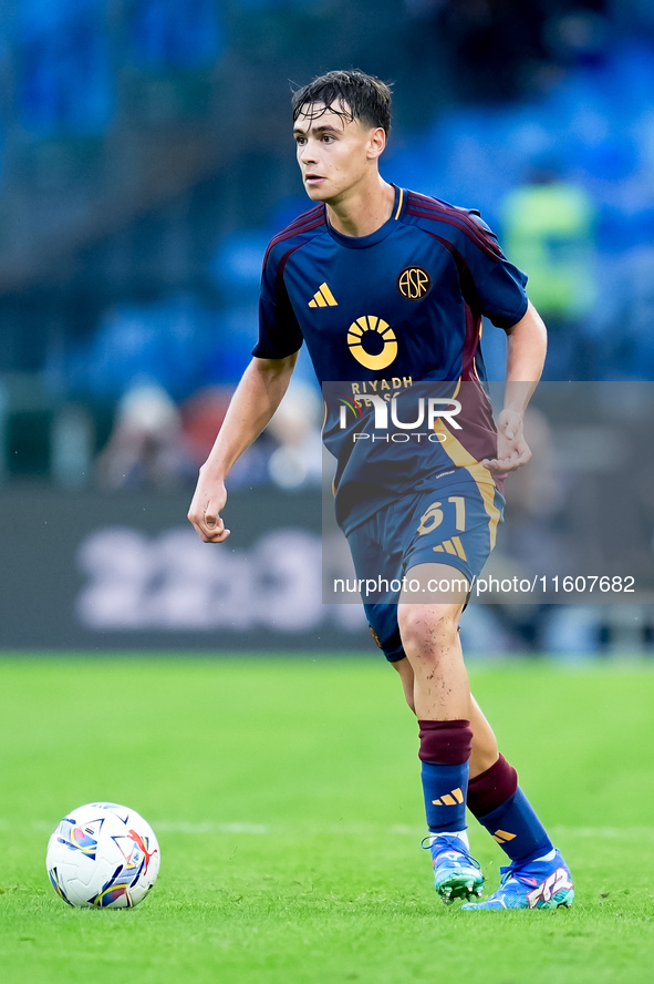 Niccolo' Pisilli of AS Roma during the Serie A Enilive match between AS Roma and Udinese Calcio at Stadio Olimpico on September 22, 2024 in...