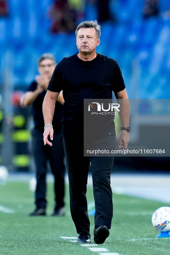 Kosta Runjaic head coach of Udinese Calcio looks on during the Serie A Enilive match between AS Roma and Udinese Calcio at Stadio Olimpico o...