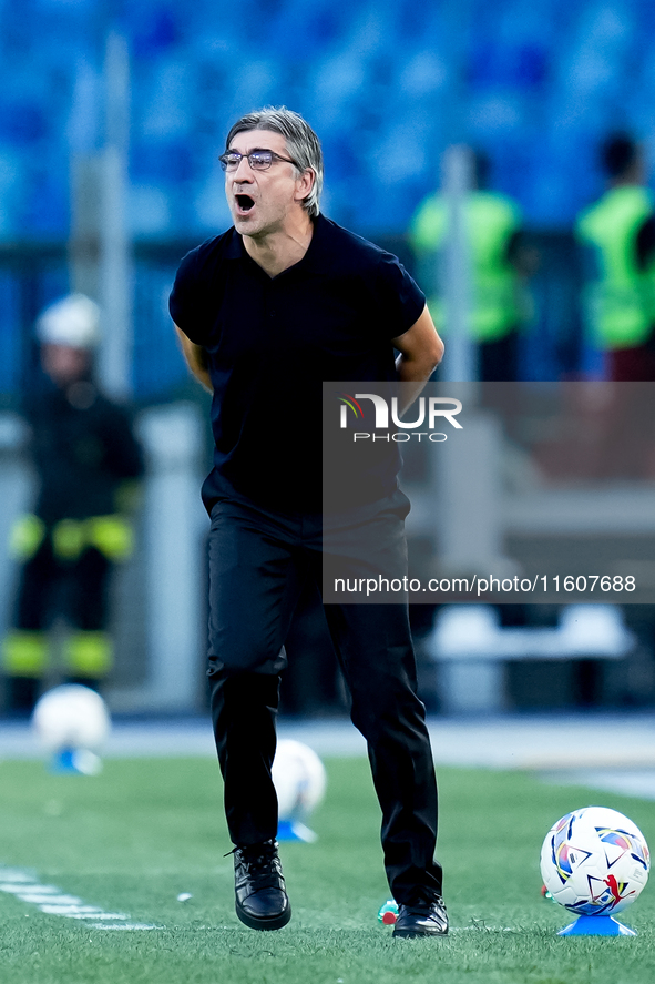 Ivan Juric head coach of AS Roma yells during the Serie A Enilive match between AS Roma and Udinese Calcio at Stadio Olimpico on September 2...