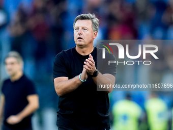 Kosta Runjaic head coach of Udinese Calcio gestures during the Serie A Enilive match between AS Roma and Udinese Calcio at Stadio Olimpico o...