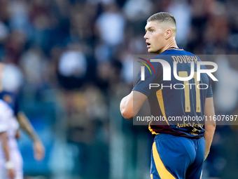 Artem Dovbyk of AS Roma looks on during the Serie A Enilive match between AS Roma and Udinese Calcio at Stadio Olimpico on September 22, 202...