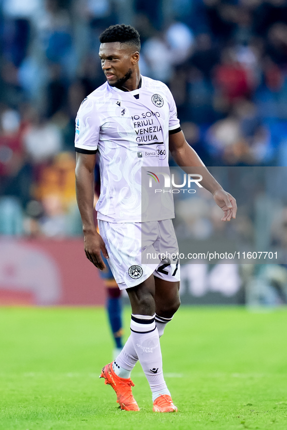 Christian Kabasele of Udinese Calcio looks on during the Serie A Enilive match between AS Roma and Udinese Calcio at Stadio Olimpico on Sept...