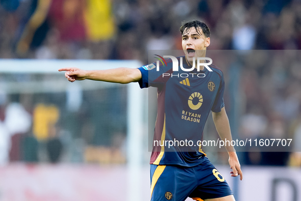 Niccolo' Pisilli of AS Roma gestures during the Serie A Enilive match between AS Roma and Udinese Calcio at Stadio Olimpico on September 22,...