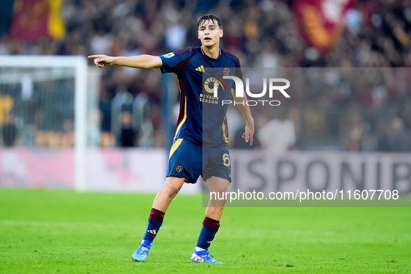 Niccolo' Pisilli of AS Roma gestures during the Serie A Enilive match between AS Roma and Udinese Calcio at Stadio Olimpico on September 22,...