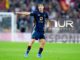 Niccolo' Pisilli of AS Roma gestures during the Serie A Enilive match between AS Roma and Udinese Calcio at Stadio Olimpico on September 22,...