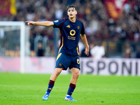 Niccolo' Pisilli of AS Roma gestures during the Serie A Enilive match between AS Roma and Udinese Calcio at Stadio Olimpico on September 22,...