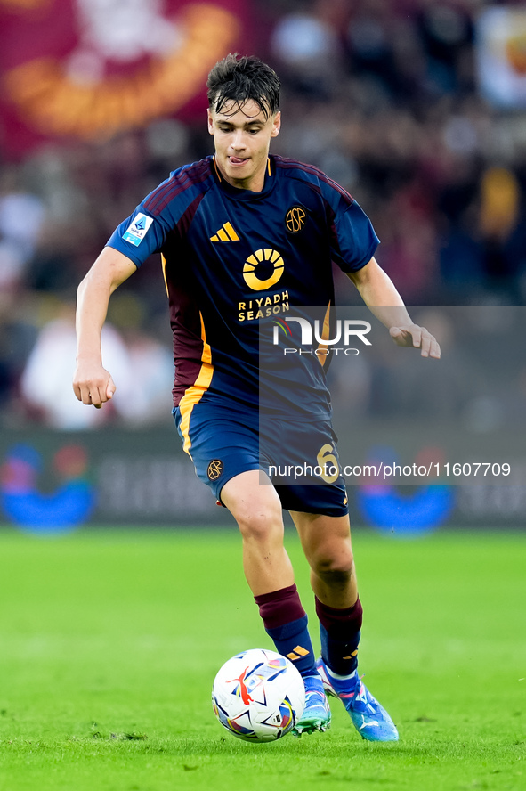 Niccolo' Pisilli of AS Roma during the Serie A Enilive match between AS Roma and Udinese Calcio at Stadio Olimpico on September 22, 2024 in...