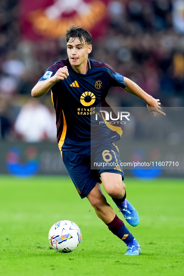 Niccolo' Pisilli of AS Roma during the Serie A Enilive match between AS Roma and Udinese Calcio at Stadio Olimpico on September 22, 2024 in...