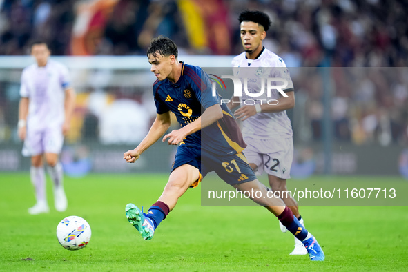 Niccolo' Pisilli of AS Roma during the Serie A Enilive match between AS Roma and Udinese Calcio at Stadio Olimpico on September 22, 2024 in...