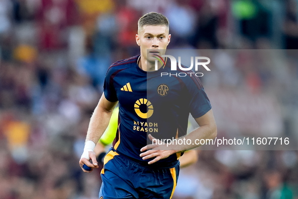 Artem Dovbyk of AS Roma looks on during the Serie A Enilive match between AS Roma and Udinese Calcio at Stadio Olimpico on September 22, 202...