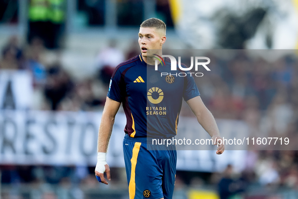 Artem Dovbyk of AS Roma looks on during the Serie A Enilive match between AS Roma and Udinese Calcio at Stadio Olimpico on September 22, 202...