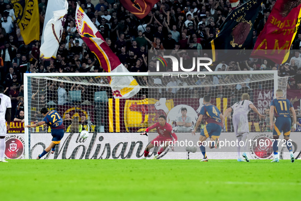 Paulo Dybala of AS Roma scores second goal during the Serie A Enilive match between AS Roma and Udinese Calcio at Stadio Olimpico on Septemb...