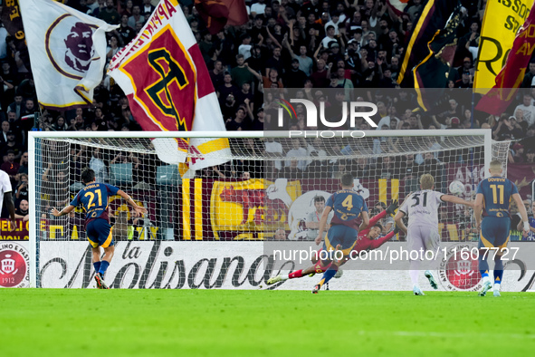 Paulo Dybala of AS Roma scores second goal during the Serie A Enilive match between AS Roma and Udinese Calcio at Stadio Olimpico on Septemb...