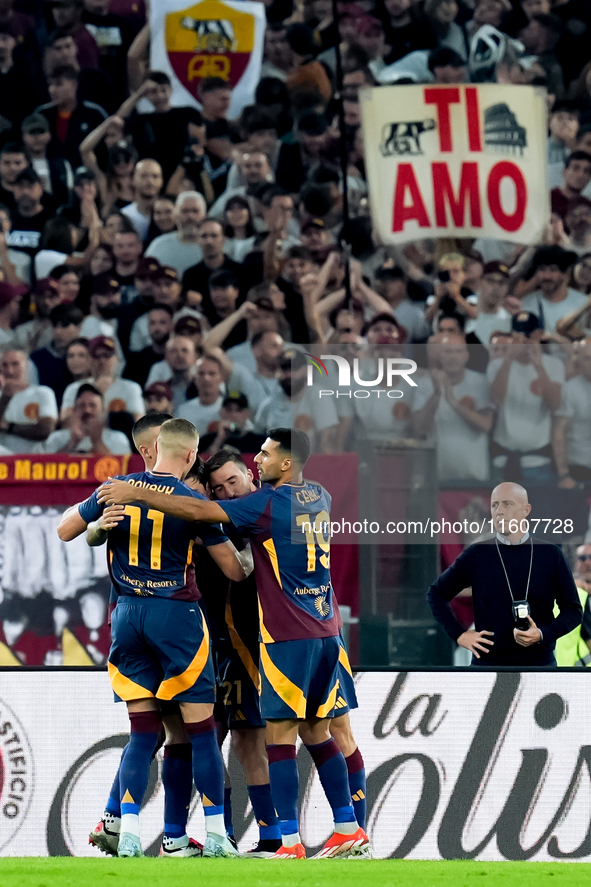 Paulo Dybala of AS Roma scores second goal during the Serie A Enilive match between AS Roma and Udinese Calcio at Stadio Olimpico on Septemb...