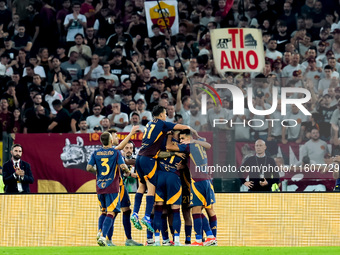 Paulo Dybala of AS Roma scores second goal during the Serie A Enilive match between AS Roma and Udinese Calcio at Stadio Olimpico on Septemb...