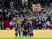 Paulo Dybala of AS Roma scores second goal during the Serie A Enilive match between AS Roma and Udinese Calcio at Stadio Olimpico on Septemb...