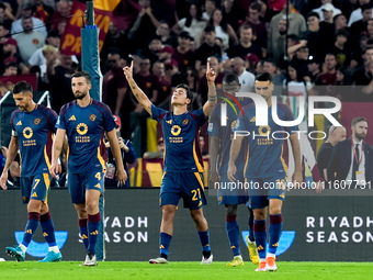 Paulo Dybala of AS Roma scores second goal during the Serie A Enilive match between AS Roma and Udinese Calcio at Stadio Olimpico on Septemb...