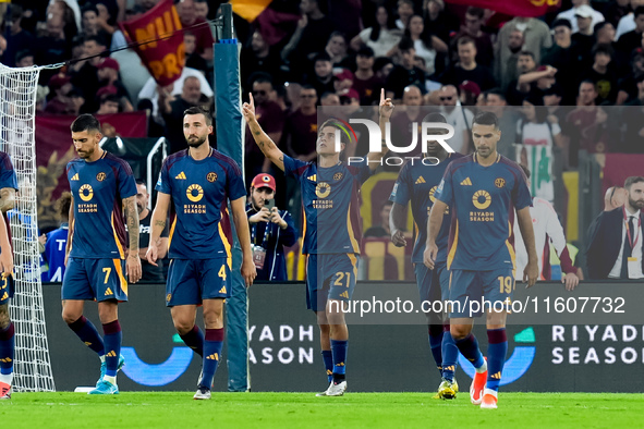 Paulo Dybala of AS Roma scores second goal during the Serie A Enilive match between AS Roma and Udinese Calcio at Stadio Olimpico on Septemb...