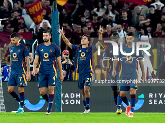 Paulo Dybala of AS Roma scores second goal during the Serie A Enilive match between AS Roma and Udinese Calcio at Stadio Olimpico on Septemb...