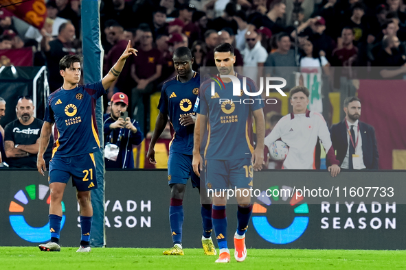 Paulo Dybala of AS Roma scores second goal during the Serie A Enilive match between AS Roma and Udinese Calcio at Stadio Olimpico on Septemb...