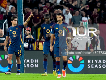 Paulo Dybala of AS Roma scores second goal during the Serie A Enilive match between AS Roma and Udinese Calcio at Stadio Olimpico on Septemb...